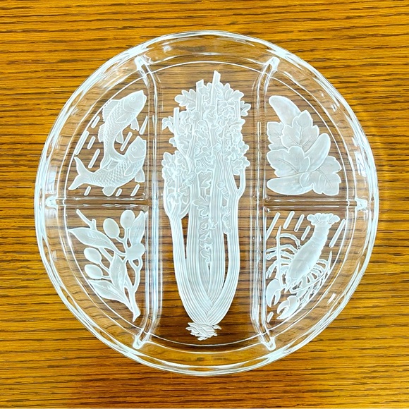 Dining Vintage Crystal Divided Relish Tray With Celery Lobster Olives
